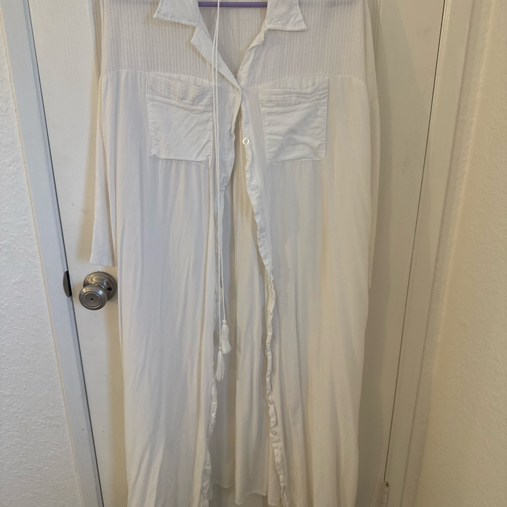 White Button-Up Long Swim Shirt Dress